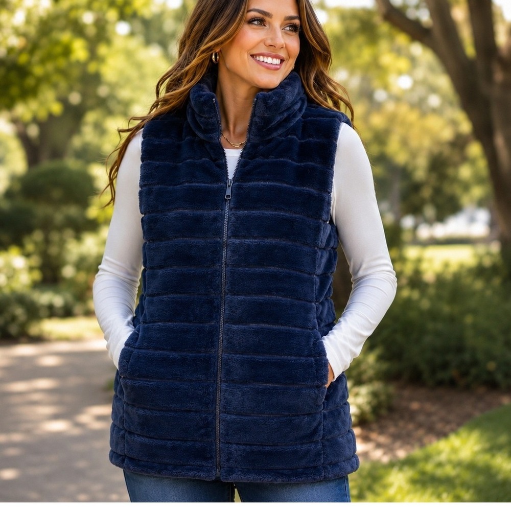 Le Moda Women's Navy Blue Plush Faux Fur Ribbed Full Zip Lined Luxe Vest XXL